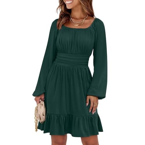 ANRABESS Womens Dress Long Lantern Sleeve Square Neck Elastic Waist Ruffle Flowy Swing A-Line Short Dresses 2025 Fall Fashion