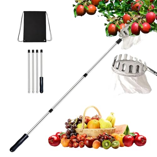 cueille fruit telescopique, cueilleur de fruits détachable de 1,6 m, cueilleur de fruits avec sac de rangement et perche rétractable, outil de cueillette de verger pour pommes et oranges 16cm diamètre