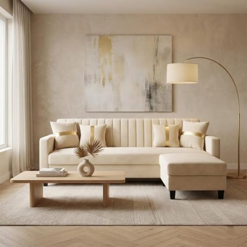 Image of CASASTYLE Korion 4 Seater L Shape Sofa Set with Movable Ottoman | Flexible Left or Right Layout | Cozy Velvet Fabric | Soft Touch Seating | Modern Designer Sofa for Living Room (Cream Color)