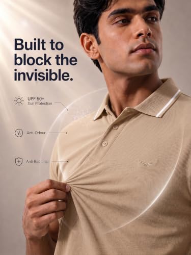 Image of NOBERO Men's Travel Polo T-Shirt | Premium Cotton Stretch Fabric | Anti-Odor & Water-Repellent | UPF 50+ Sun Protection | Regular Fit Polo Collar Casual Wear
