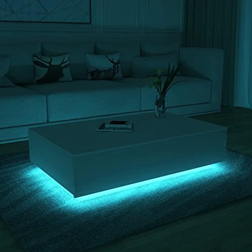 Coffee Table, Centre Table Tea Table for Living Room, White Gloss Coffee Table with LED Lights, Rectangle Side End Table with 4 Drawers for Home Office Furniture