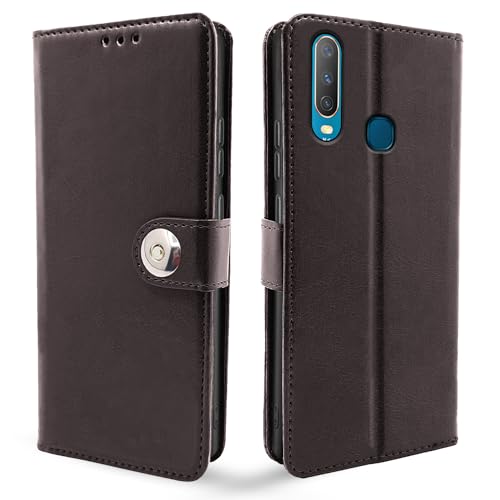 Image of Pikkme Vivo Y12 / Y15 / Y17 / U10 Flip Cover Leather Finish | Inside TPU with Card Pockets | Wallet Stand and Shock Proof | Complete Protection Flip Case (Button Coffee)