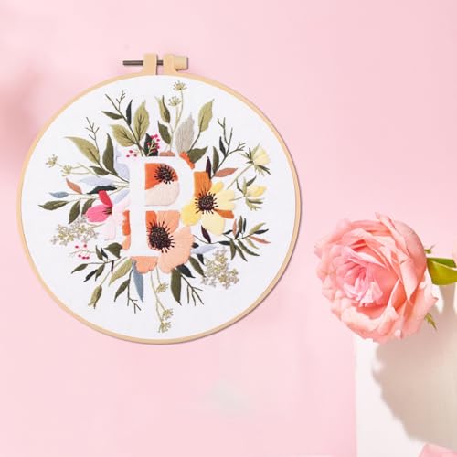 Image of IUHUI Embroidery Kit for Beginners Adults - 26 Floral Letters Easy Patterns, DIY Hand Stitching Embroidery Set with Hoop (Flower and Grass Letter P)
