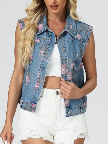 LifeShe Denim Vest Women Sleeveless Casual Floral Printed Jean Waistcoat Jacket4
