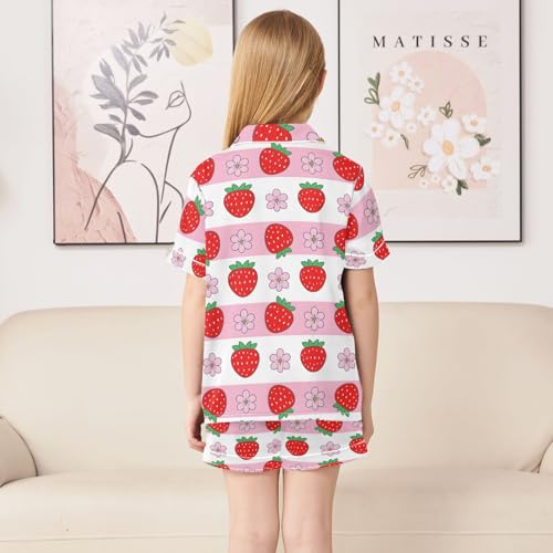 Simple Cute Strawberry Flower Pattern Summer Satin Pajama Set, Cute Button-Down Sleepwear Pj Set for Sleep Wears4