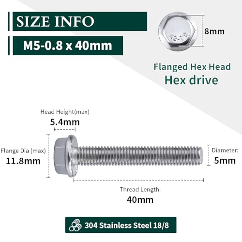 Image of M5-0.8 x 40mm Hex Flange Bolt (1.57 inch Thread Length), DIN6921, Serrated Locking Flange, 304 Stainless Steel, UNC Full Thread, 30-Pack