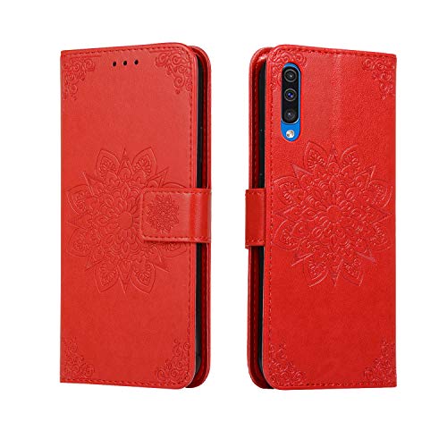 Shukukan Phone Cover A70, Flower Embossed Wallet Case PU Leather Folio Stand Flip Magnetic Protective Holster with Wrist Strap Card Holders for Samsung Galaxy A70 Red