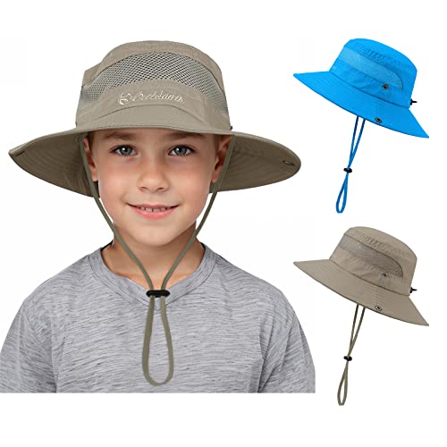 Chapéu de sol para meninos e meninas, chapéu de sol ao ar livre, UPF 50, chapéu de praia para meninos, chapéu de aba larga, chapéu de pescador, caminhadas, pesca, safari, Pacote de 2 caqui e azul