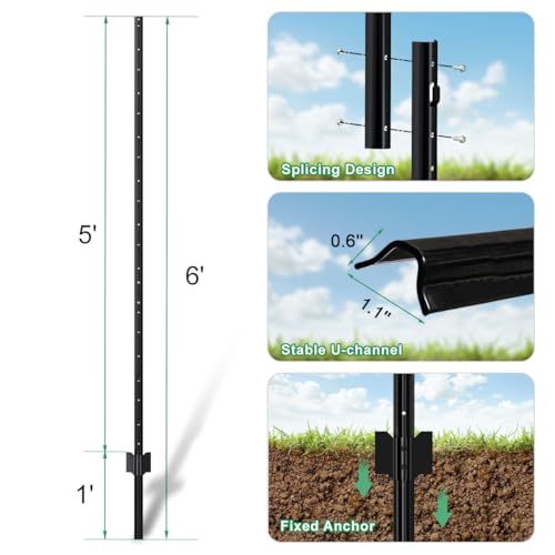 FOREHOGAR Metal Fence Post Black Splicing 6 feet, Pack of 15, T Posts for Fences Wire Mesh, No Dig Steel Stakes Fencing for Garden Yard Farm Outdoor Light Duty by FOREHOGAR - Image 3