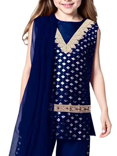 Choomomo Kids Girls Metallic Floral Print Kurta with Scarf Set Ethnic Indian Wear Traditional Party Suit3