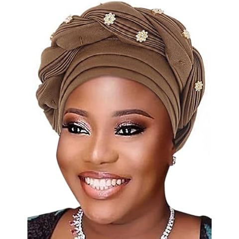 Woeoe Women African Turban Pre-Tied Twisted Beanie Cap Headwear Rhinestone Soft Stretchy Head Turbans (Brown) Cover