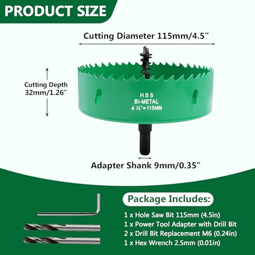 Image of 4.5 Inches /115mm Bi-Metal Hole Saw with Arbor & Pilot Bit | Green-Coated, Cuts Fiberboard, Wood, Drywall, Plastic, Soft Metal, PVC, Cornhole Boards, For Precision Drilling