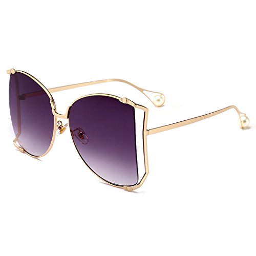 Armear Women Oversized Semi Rimless Sunglasses Retro Gold Metal Frame Gradient Grey Lens Glases Fashion Pearl Design 64mm