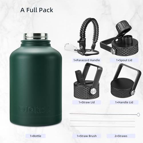 Image of BJPKPK Insulated Water Bottles with Straw Lid, 50oz Large Water Jug, Stainless Steel Vacuum Bottles, Hot & Cold Thermo with 3 Lids and Paracord Handle,Army Green