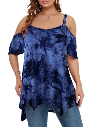 Image of LARACE Cold Shoulder Tops for Womens Summer Clothes Spaghetti Strape Tunic Oversized Shirts Asymmetrical Plus Size Blouse