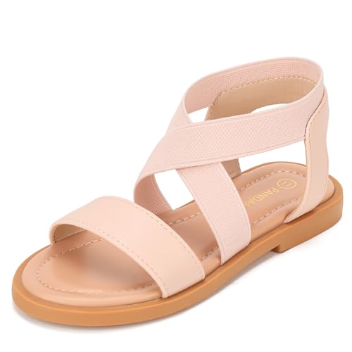 Image of PANDANINJIA Girls Sandals Slip-on Elastic Ankle Cross Strappy Gladiator Dress Sandals Flats Summer Shoes Little Big Kids Sandals