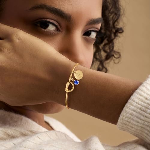 Initial Birthstone Gold Bracelets for Women Bridesmaid Proposal Gift Tie the Love Knot Cuff Bangle Bracelet 14K Gold Plated Adjustable Birthstone Bracelets Personalized A-Z Initial Charm Birthday Gift3