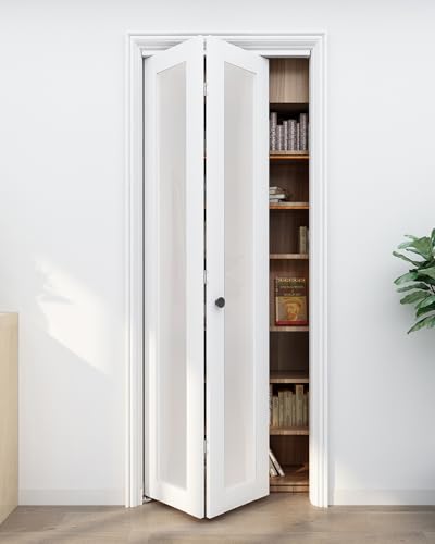 BarnBase Bifold Closet Door for 30'x80' Opening, 1-Lite Frosted Tempered Glass Bifold Doors with Hardware Kit, White Closet Door with Fascia and Knob, Solid Wood & MDF with Water-Proof PVC Surface