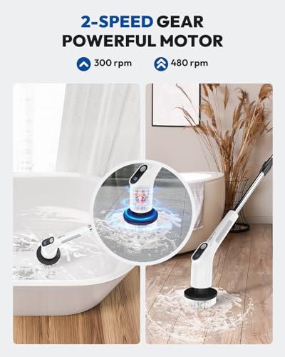 Brosse de nettoyage sans fil rotative à manche extensible et 2 vitesses