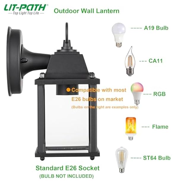 LIT-PaTH Outdoor Wall Lantern, Wall Sconce as Porch Lighting Fixture, E26 Base, Aluminum Housing Plus Glass, Water-Proof and Outdoor Rated, ETL Qualified, 1-Pack, Black