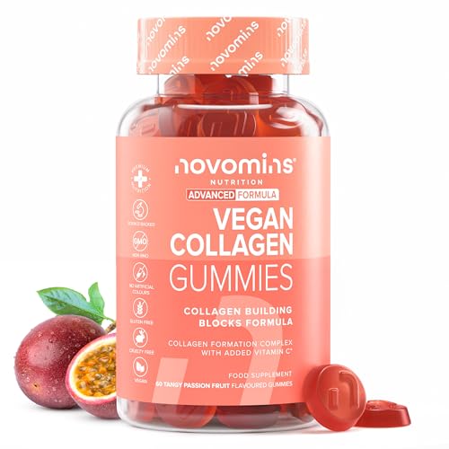 Gominolas veganas para a formação de colagénio, com vitamina C, ácido hialurónico, zinco e amminoácidos - suplemento para pele, cabelo e articulações, sem glúten - 1 mês de fornecimento - Novomins
