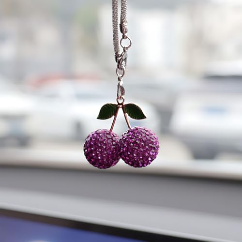 UHANBUT Bling Cherry Car Rear View Mirror Charm, Sparkly Rhinestones Automotive Decoration Pendant, Cute Vehicle Interior Hanging Ornament, Lucky Present for Women, Girl (Purple)