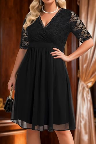 Image of Pinup Fashion Plus Size Lace Chiffon Wrap V Neck Dresses Women Cocktail Wedding Guest Midi Dress