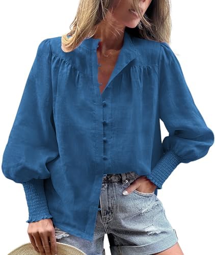 PRETTYGARDEN Women’s Spring Long Sleeve Tops Dressy Casual Button Down Smocked Cuffed Office Business Work Blouses Shirts