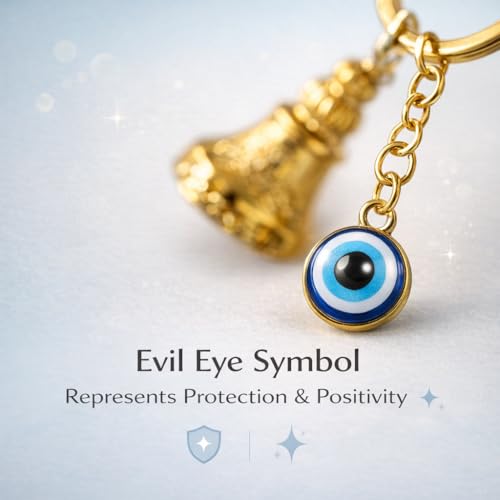 Image of Gold Guardian Bell For Bike Keychain with Evil Eye Charm - Good Luck Motorcycle Bell for Riders | Protective Biker Gift for Men, Women, Friends & Loved Ones | (Shiny Golden with Evil Eye)