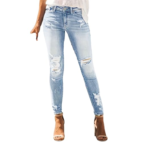 Vaqueros Pitillo Rotos para Mujer, Vaqueros Pitillo Rotos de Moda para Mujer, Pantalones elásticos Desgastados, Casuales, Azul Claro, XX Large