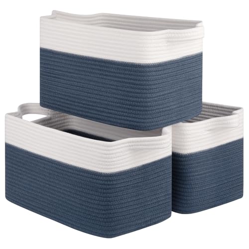 Image of OIASKET 3 Packs Woven Storage Baskets for Organizing, Cotton Rope Decorative Baskets for Shelves, Storage Bins Set for Toys, Books, and Towels-13''Lx10''Wx8.6''H-Blue & White