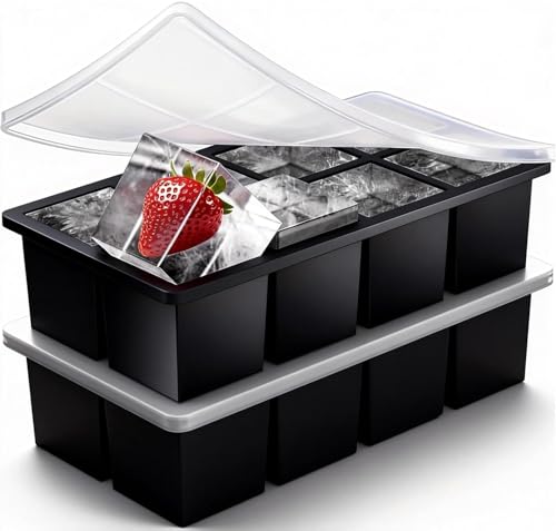 Image of Large Ice Cube Tray for Whiskey: 3 inch Big Silicone Ice Tray with Lid for Whisky - 3Pack Old Fashioned Ice Cube Trays for Cocktail - Huge Square Cubed Bourbon Ice Cube Maker