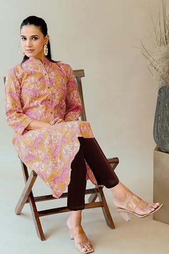 Image of MIRCHI FASHION Women A Line Cotton Print Princess Line Kantha Work Kurta (K9864 - Mustard, Coral - S)