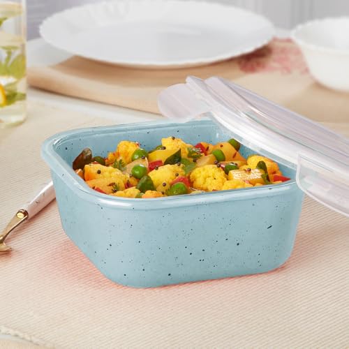 Image of Borosil 800 ml Blue Food Storage Container with Air Tight Lid | Square Shape Borosilicate Glass Organiser | Microwave & Dishwasher Safe | For Fridge, Kitchen Storage