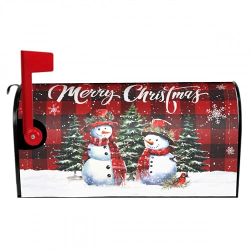 Image of Merry Christmas Buffalo Plaid Snowman Mailbox Cover - Magnetic, Standard Size 25.5 x 21 Inches, Holiday Decorative Wrap for Home Outdoor Garden