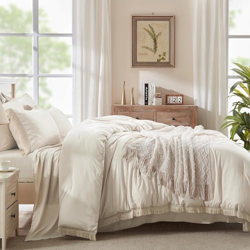 Image of Andency Oversized King Comforter Set Beige 120x98-7 Pieces Boho Tassel Bed in a Bag Soft Lightweight Bedding Sets, Fringe All Season Bed Set with Comforter, Sheets, Pillowcases & Shams