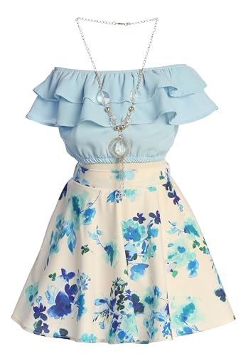 Image of Cold Shoulder Crop Top Ruffle Layered Top Flower Girl Skirt Sets for Girl
