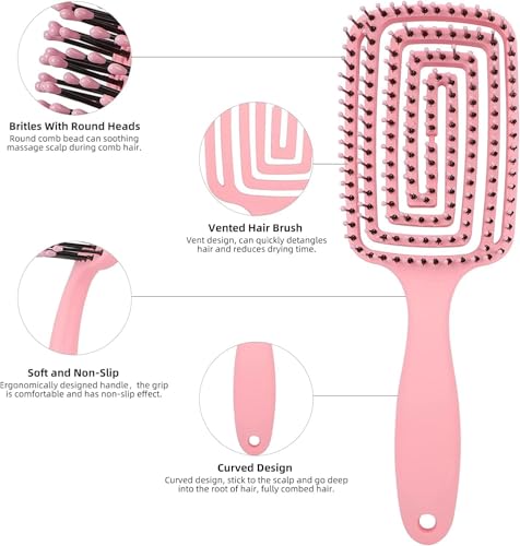 Image of Curved Vented Hair Brush for Fast Blow Drying, Professional Detangling Styling Brush for Wet & Dry Curly, Thick, Straight Hair for Women & Men (pink)