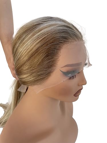 Image of Munx 13x6 HD Lace Front Human Hair Wigs for Women Ombre Highlight Light Brown Mixed Ash Blonde Colored Lace Frontal Wig 180% Density Thick 100% Remy Virgin Hair Wigs Bleached Konts with Baby Hair 26 inch