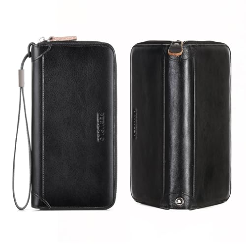 Men's Genuine Leather Zipper Wallet with RFID Blocking, Phone Pocket，Long Zipper Pouch Wallet (Black)