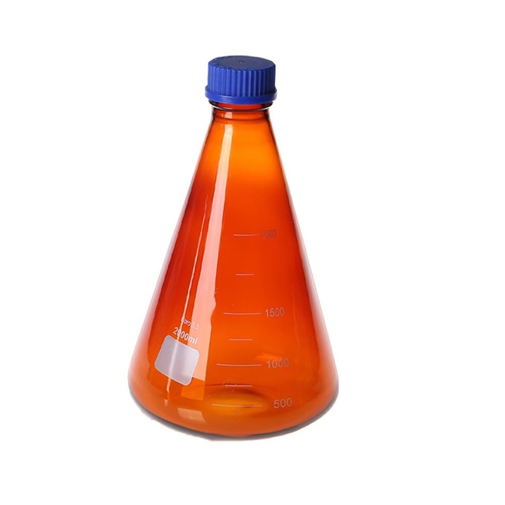 Cristalería de Laboratorio Matraz Erlenmeyer de vidrio marrón con rosca de plástico, botella ámbar de laboratorio(2000ml)