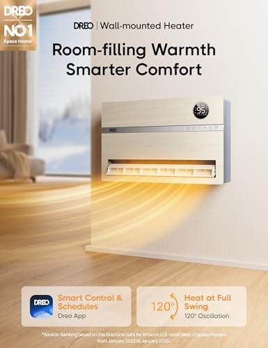 Image of DREO Smart Wall Heater, Electric Space Heater for Bedroom 1500W, Easy-Mount Heater for Indoor Use, Works with Alexa, 120 Vertical Oscillation, Adjustable Thermostat, Remote Control, 24H Timer, WH719S