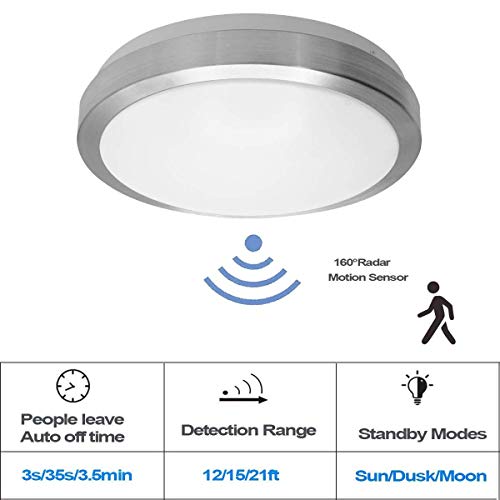 Brolight Luz de techo con sensor de movimiento, 18W luz de techo de montaje empotrado, ?26.5CM, 5000K blanco luz del día, 1650LM, 3 modos de ajuste de radar led para garaje, almacén, taller, sótano