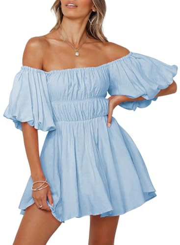 Dokotoo Women One Shoulder Dresses Fashion 2026 Lantern Sleeve Blue Pirate Dress Ruffle Elastic Waist A-Line Spring Dresses for Wedding Guest XX-Large