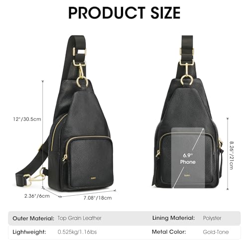 Image of Kattee Small Leather Sling Bag for Women with RFID Blocking,Black | Top grain pebbled leather with RFID blocking, multiple pockets, and a convertible strap for travel.
