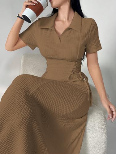 Image of Shasmi Women's Solid Color Applique Lace-Up Collared Short Sleeve, Side-Tie Waist Long Casual Maxi Women Dress Outfit Long Evening Midi Western Party Dress for Women (Dress 211)