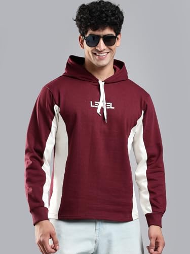 Image of LEWEL Men's Stylish Hooded Colorblock Cotton Fleece Sweatshirt (Maroon, Off White)