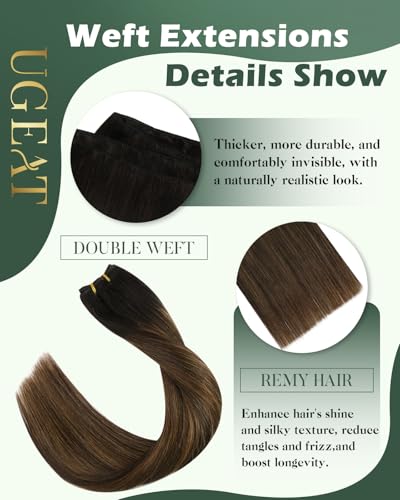 Image of Ugeat 24 Inch Weft Hair Extensions Human Hair, Sew in Weft Hair Extensions Human Hair 100g, Sew in Extensions Dark Brown Balayage Medium Brown, Easy Wash