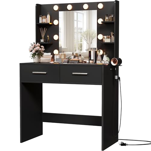 Image of Furmax Make up Vanity Desk with Mirror and Power Outlet, Vanity with 3 Color Light Options Adjustable Brightness,Vanity Desk with 2 Drawers, 6 Storage Shelves (Black, No Bench)
