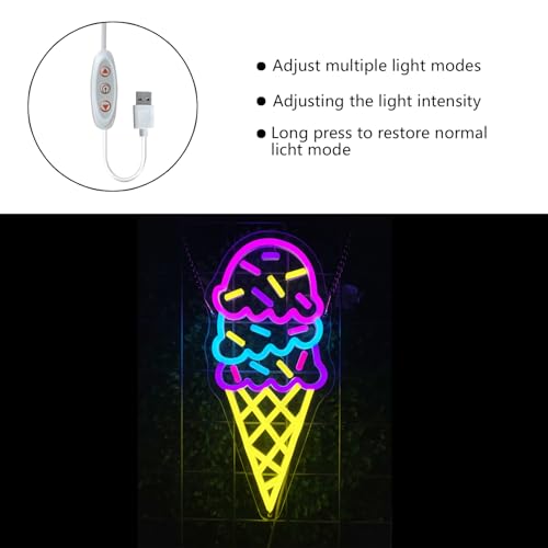 Image of Ice Cream Open Neon Sign Shop Wall Decor Custom Neon Signs Personalized Dimmable LED Light for Birthday Christmas Party Bedroom Bar Drink Shop USB Powered with Pink Yellow Blue Glow (14.7 x 6.7)